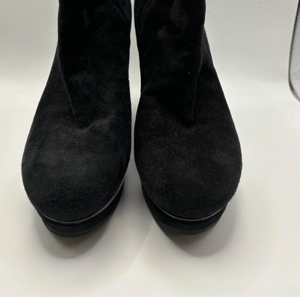 Via Spiga Black Suede Wedge Ankle Boots Patent‎ Trim Platform  7.5 M